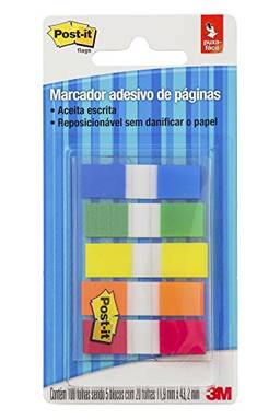 Marcador de Página Adesivo, Post-it® Flags, 5 Cores Sortidas, 11,9 mm x 43,2 mm, 100 folhas