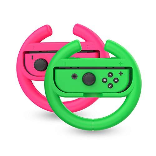 Talkworks Steering Wheel Controller for Nintendo Switch (2 Pack) - Racing Games Accessories Joy Con Controller Grip for Mario Kart, Pink/Neon Combo - Nintendo Switch