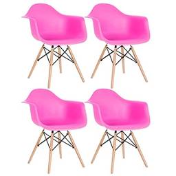 Kit - 4 x cadeiras Charles Eames Eiffel Daw com braços - Base de madeira clara - Rosa pink
