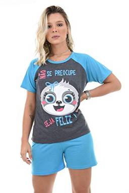 Baby Doll 4 Estações Bicho Preguiça Noite Curto Pijama Manguinha (GG, Azul)