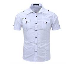 Elonglin Camisa masculina elegante botão 100% algodão manga curta casual camisa slim fit cor sólida, Branco, P