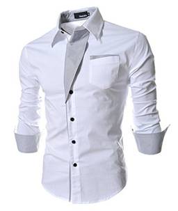 Elonglin Camisa Social Masculina Formal com Botões Manga Comprida Camisa Casual Elegante Cores Contrastantes Branco M