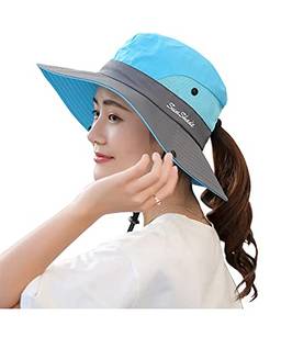 Chapéu de sol feminino com rabo de cavalo proteção UV malha dobrável de aba larga Chapéu de pesca de praia (Azul)