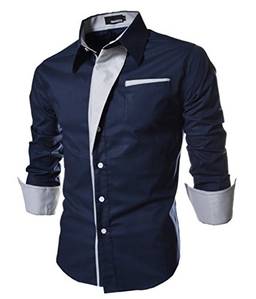 Elonglin Camisa Social Masculina Formal com Botões Manga Comprida Camisa Casual Elegante Cores Contrastantes Azul M
