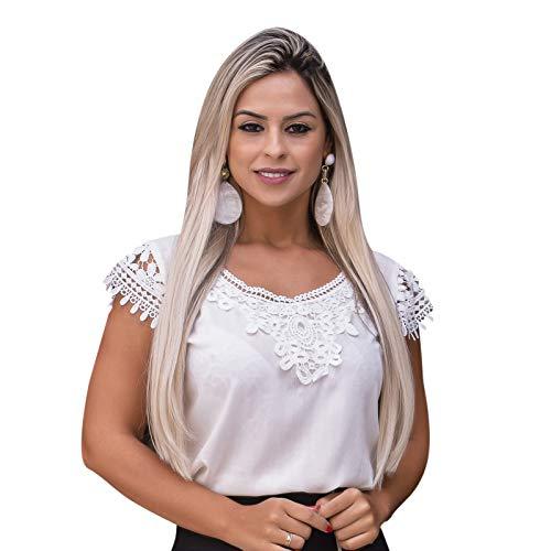 Blusa Feminina Social Moda Evangelica Tule Renda E Perola - B6050 (Branco, P)