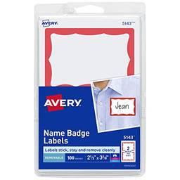 Avery Etiquetas de nome, brancas com borda vermelha, 100 crachás removíveis (05143)