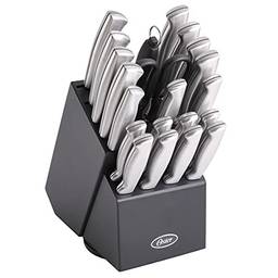 Oster Baldwyn Conjunto de talheres de aço inoxidável de alto carbono em bloco de facas, 22 peças, cetim escovado