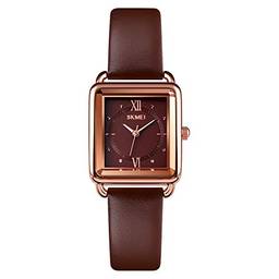 Relógio feminino SKMEI, relógio de pulso retangular elegante de couro para senhoras meninas, relógios analógicos de quartzo à prova d'água para mulheres, Clássico, Coffee-D, 1.3*0.9*0.39 inch