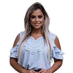 Blusa Feminina Social Moda Evangelica Detalhe Perola E Renda (M/40-42, Azul-Claro)