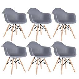 Kit - 6 x cadeiras Charles Eames Eiffel Daw com braços - Base de madeira clara - Cinza escuro