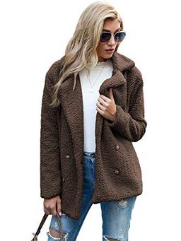 Casaco de lã feminino com lapela de pele falsa, casaco de inverno, confortável, quente, casaco (CASTANHO,M)