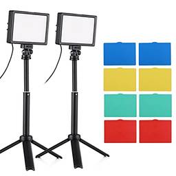 Miaoqian Conjunto de luz de vídeo LED de 2 pacotes 15W para fotografia de mesa Luz de preenchimento bicolor com brilho ajustável de temperatura Fonte de alimentação USB CRI95 com filtros de cores exte