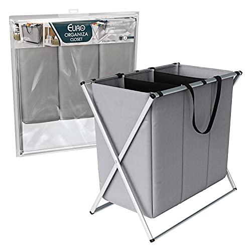 Organizador dobrável de roupas sujas com 3 compartimentos, Cinza,ORG0686, Euro Home