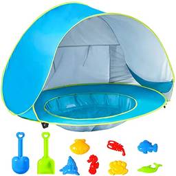 Barraca de praia para bebê GKPLY com piscina, barracas de praia pop-up para crianças pequenas ou infantil, barraca de proteção solar para bebês com proteção UV (azul)(Azul com brinquedos)