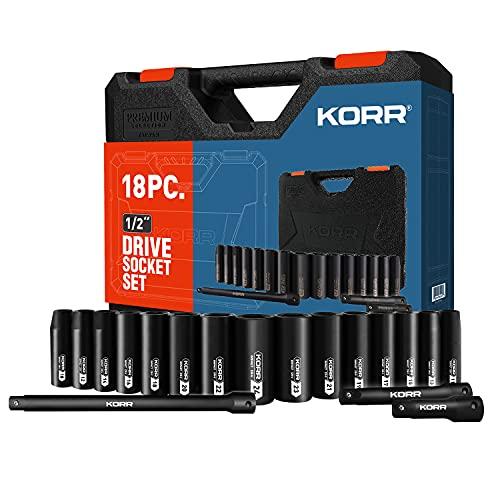 KORR Conjunto de soquetes de impacto Tools KSS002 18 peças, conjunto de soquetes profundos métricos de chave de 1/2 polegada