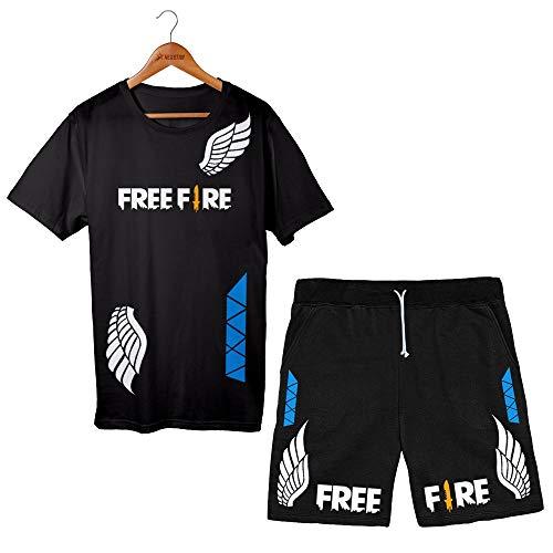 Conjunto Bermuda Short Game Free Fire + Camiseta Algodão Angelical (G, PRETO)