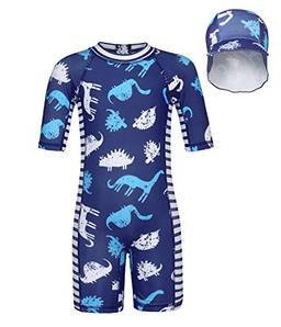 Cotrio Meninos roupa de banho de uma peça rash guard shirt conjunto de maiô para criança dinossauro com mangas 3/4 com tampa tamanho 6T 4-5 anos azul