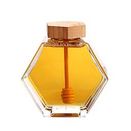 Recipiente de vidro de mel UPKOCH em forma hexagonal para mel de xarope colmeia de abelha, armazenamento com Dipper de madeira e cortiça para cozinha doméstica 380 ml