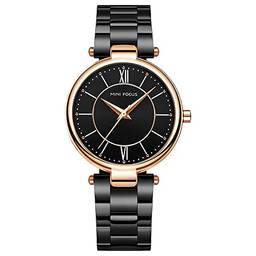 Relógios femininos simples, elegantes, femininos, à prova d'água, minimalistas, quartzo, relógio de pulso, com pulseira de aço inoxidável (preto)