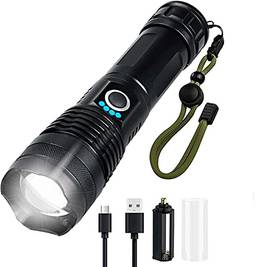Lanterna LED, 5 Modos de Luz, Zoomable, USB Recarregável com 3000 Lúmens e Lanterna Tática Resistente à água IP65 para Acampamento, Caminhada e uso de Emergência ect (Não inclui bateria)