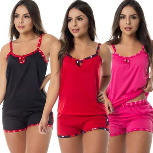 Kit com 3 Baby Doll Malha Conforto | Pijama Verão Joice cor:vermelho;tamanho:XG