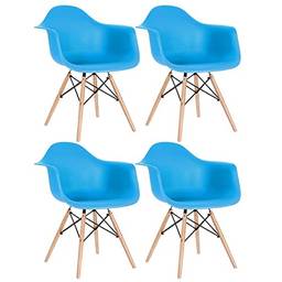 Kit - 4 x cadeiras Charles Eames Eiffel Daw com braços - Base de madeira clara - Azul céu