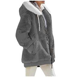 JMKEY Casaco Feminino Jaqueta de lã feminina de inverno com zíper completo bloco de cor com capuz cardigan frontal aberto com bolso