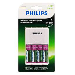 Carregador de Pilhas Philips com 4 Pilhas Aa Recarregáveis 2450mAh SCB2445NB Bivolt Branco
