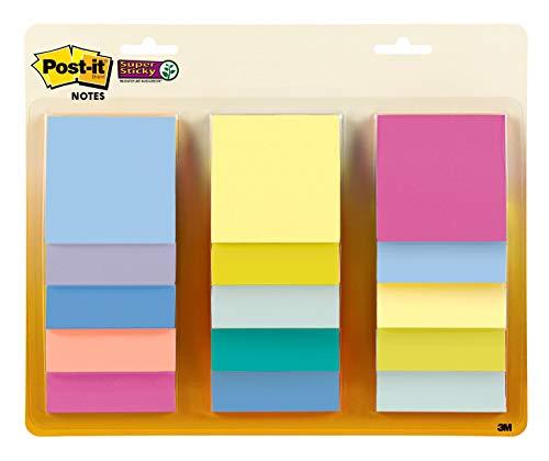 Post-it Notas super adesivas, 7,6 x 7,6 cm, cores pastel sortidas, 15 almofadas, 2X o poder de aderência, reciclável (654-15SSPS)