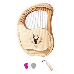 Henniu Lira Instrumento de corda caixa de ressonância de harpa de lira de madeira de 19 cordas com chave de afinação 3 peças palhetas adesivo conjunto extra de cordas
