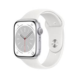 Apple Watch Series 8 (GPS), Smartwatch com caixa prateada de alumínio – 45 mm • Pulseira esportiva branca – Padrão