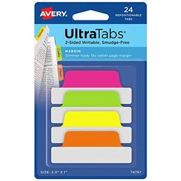 Avery Ultra Tabs, 6,35 cm x 2,54 cm, escrita em dois lados, rosa/verde/laranja, 24 abas de margem reposicionáveis (74767)