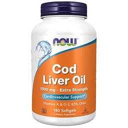 Suplementos NOW, óleo de fígado de bacalhau, potência extra 1.000 mg com vitaminas A e D3, EPA, DHA, 180 cápsulas de gel