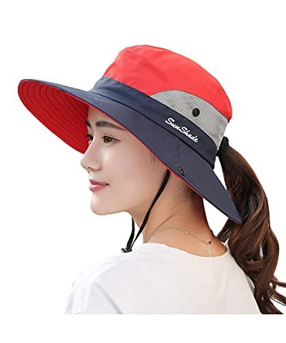 Chapéu de sol feminino com rabo de cavalo proteção UV malha dobrável de aba larga Chapéu de pesca de praia (vermelho)