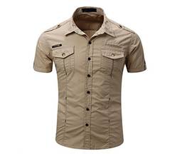 Elonglin Camisa masculina elegante botão 100% algodão manga curta slim fit cor sólida camisa casual, Preto, G