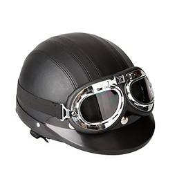 Staright Moto Scooter aberto meio couro capacete com viseira óculos estilo retrô Vintage 54-60cm