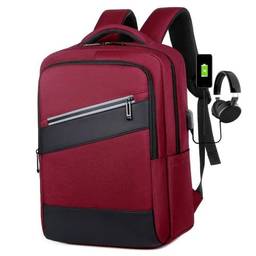 Mochila para laptop de viagem para homens, carregamento USB, bolsa de nylon impermeável, bolsa escolar feminina, D-vermelho