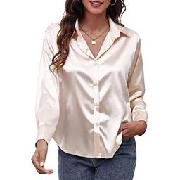Mibee Camisa feminina de cetim sólido,botões de manga comprida,camisas casuais