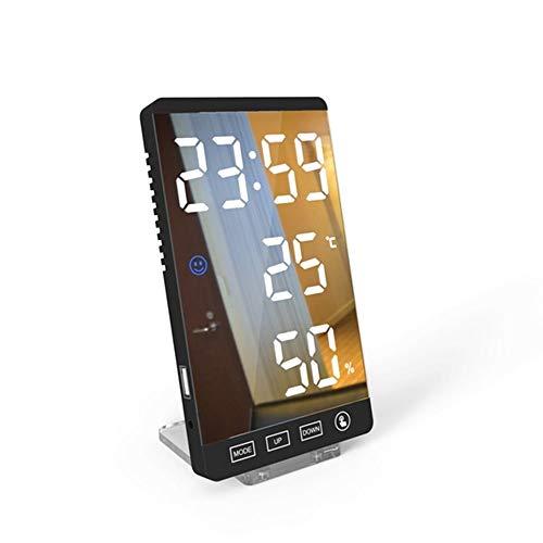 Relógio digital LED com porta de carregamento USB, dimmer ajustável, tela de temperatura e umidade, modos 12/24 horas selecionáveis, despertador com espelho de soneca para quarto de cabeceira