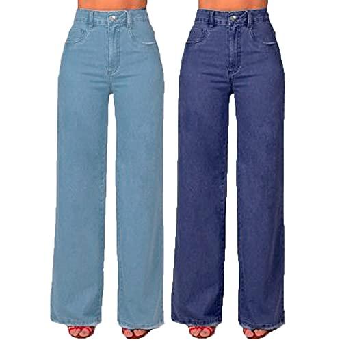 Kit 2 Calças Jeans Retrô Pantalona Wide Leg Cintura Alta Tendencias Azul Claro E Azul Escuro (42)