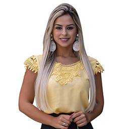 Blusa Feminina Social Moda Evangelica Tule Renda E Perola - B6050 (Amarelo, M)
