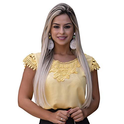 Blusa Feminina Social Moda Evangelica Tule Renda E Perola - B6050 (Amarelo, P)