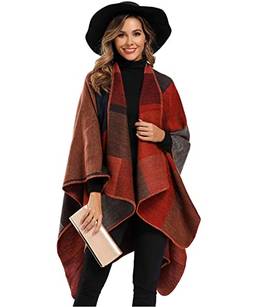 Envoltório de xale de bloco de cores feminino plus size cardigan poncho capa aberta frontal longo casaco de inverno (vermelho)