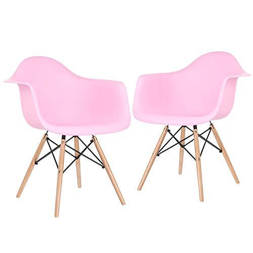 Kit 2 cadeiras Charles Eames Eiffel DAW com braços e pés de madeira clara Rosa claro