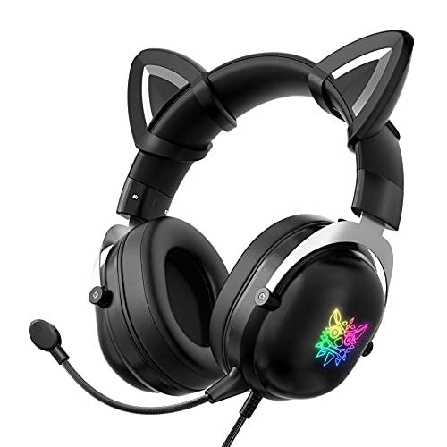 Fones de ouvido para jogos com microfone para PS4, Xbox One, PC, telefones celulares, fones de ouvido de 3,5mm com som destacável para gatos fones de ouvido leves-X11 preto