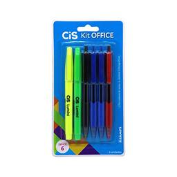 Kit Office 6 CIS com 6 itens (2 marcadores de texto + 4 canetas), Multicor