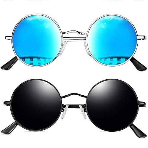 Joopin Óculos de Sol Redondo Masculinos Femininos Polarizado, John Lennon Pequeno Círculo Hippie Vintage Retrô Steampunk Metal Óculos de Sol (Preto+Azul)