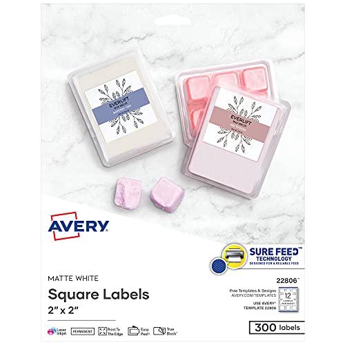 Avery Etiquetas quadradas para impressoras a laser e jato de tinta, Sure Feed, 5 x 5 cm, 300 etiquetas brancas (22806)