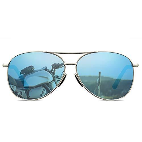Cyxus Óculos de Sol Aviador Polarizados para Homens/Mulher , Lentes Espelhadas Clássicas Com Proteção UV (Lente azul de moldura prata)