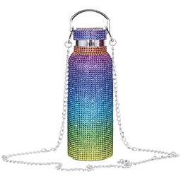 KESOTO Garrafa de água de diamante portátil com corrente 500ml/17oz Bling strass garrafa isolada garrafa de vácuo para de isolamento de, arco-íris
